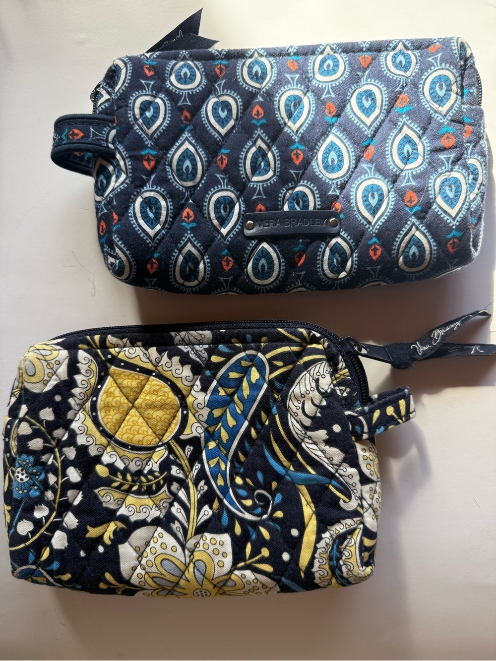 2 Vera Bradley Quilted Cosmetic Pouches - Navy & Yellow Paisley
